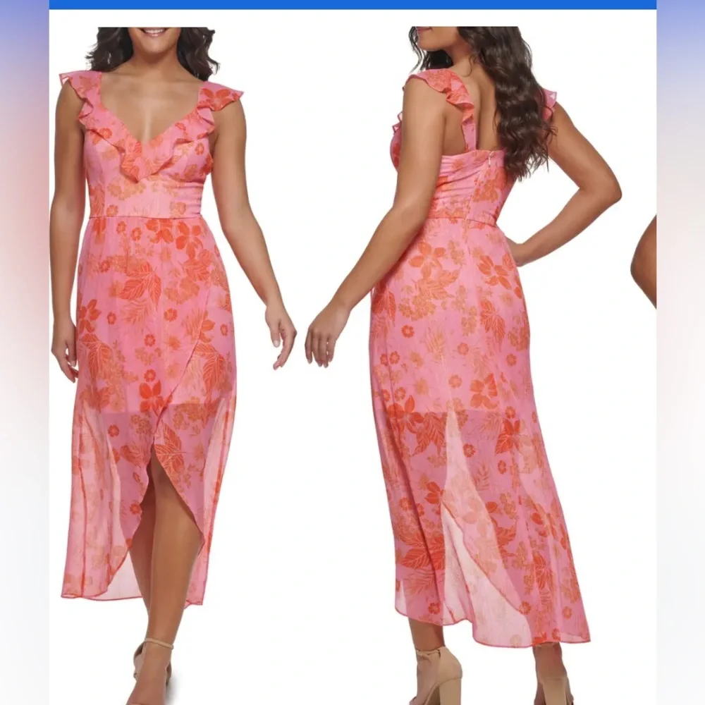 GUESS Pink Floral Ruffle Chiffon High-Low Dress - Picture 3 of 4